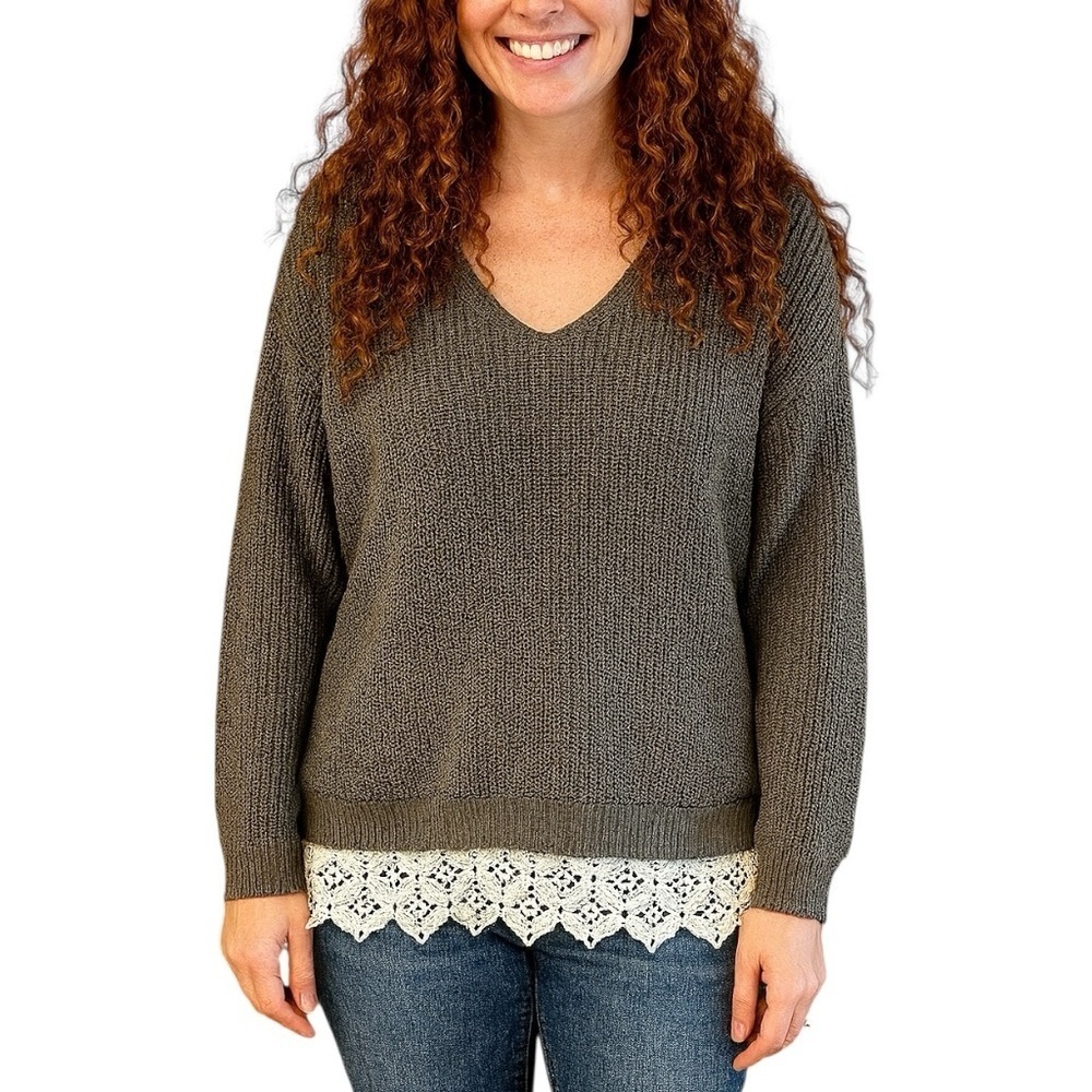 Kimchi Blue Small Green Vneck Ribbed Sweater Lace Crochet Boho Feminine
